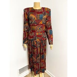 Vintage Jessica Howard Patchwork Paisley Midi Dress Burgundy Gold Trim Size 12